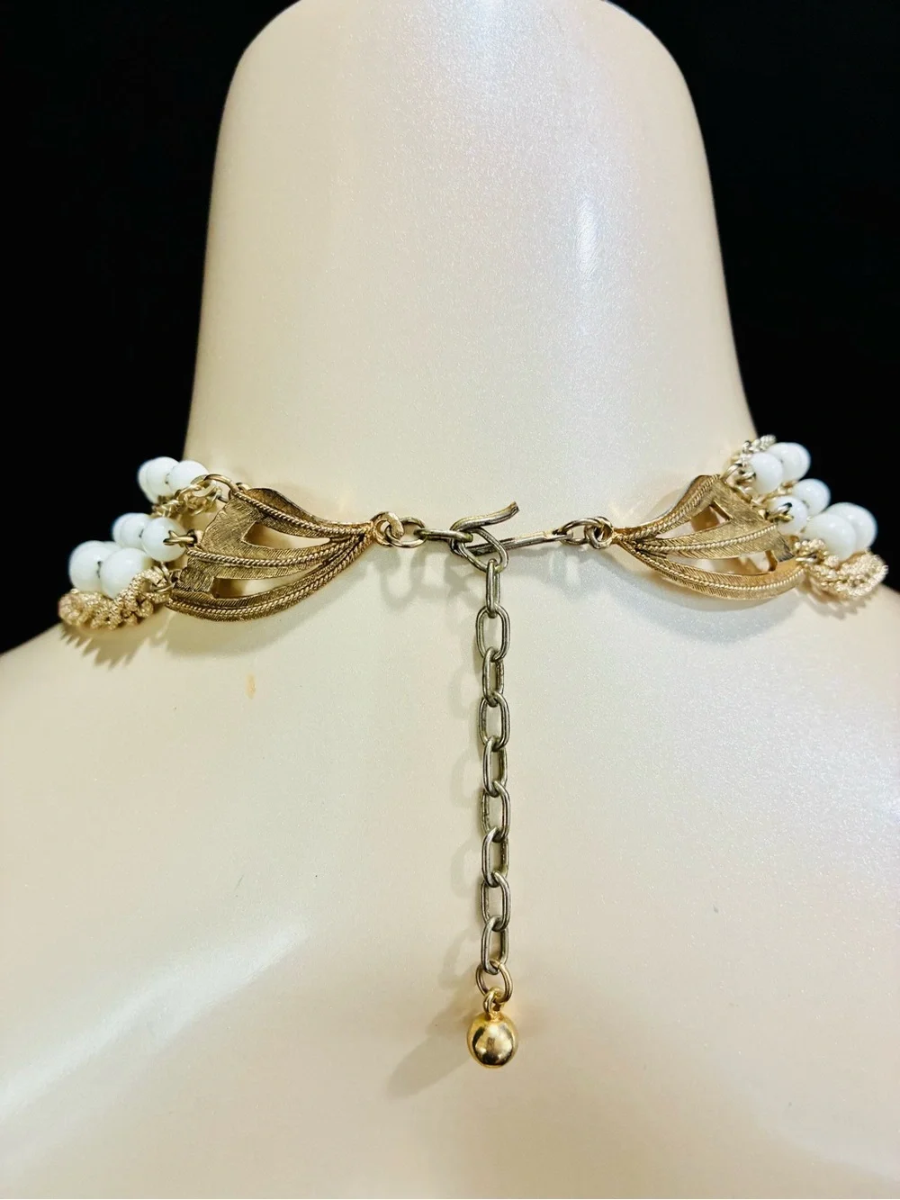 Signed Multi-Strand White Bead and Gold Chain Statement Necklace MCM Retro EUC
